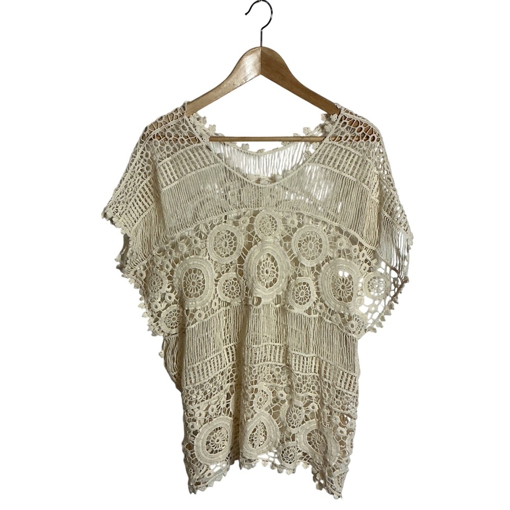 Womens Cream Crochet Lace Poncho Top Boho Floral Medallion Boho Festival